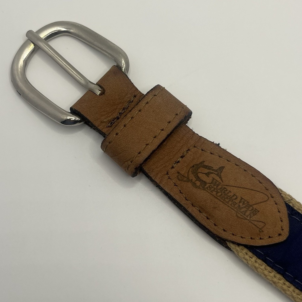 World Wide Sportsman Navy Blue Fishing Belt SZ 32 Solid Brass Buckle Made In USA - Picture 5 of 14